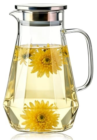 Wasserkaraffe mit Deckel 1,5l, Wasserkrug Glas mit Griff, Glaskanne mit Deckel aus Borosilikatglas Hitzebeständig für Heiße und Kalte Getränke, Wasser Karaffen für Eistee Kaffee Milch Saft