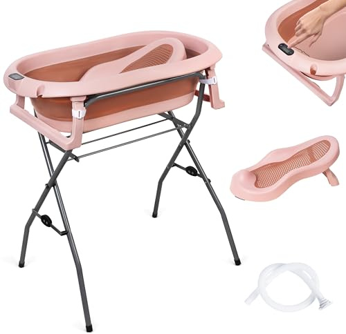 moovkee. Baignoire Bebe avec Support 80cm - Rose Foncé Baignoire Pliable | Pied avec Thermomètre, Siège de Bain et Kit De Drainage, Sécurisée et Confortable Bassine