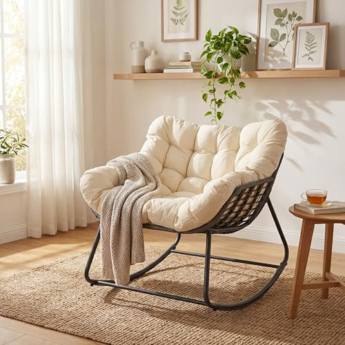 SOARS Schaukelstuhl, XXL Relaxsessel aus Rattan, Schaukelsessel mit Sitzkissen & Metallrahmen bis 150 kg belastbar, Lesesessel für Wohnzimmer, Garten, Balkon & Terrasse