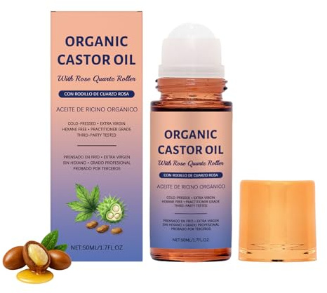 Vaethy Olio di ricino biologico con rullo al quarzo rosa, roll-on olio di ricino, nutre delicatamente la pelle, per pancia, viso e corpo