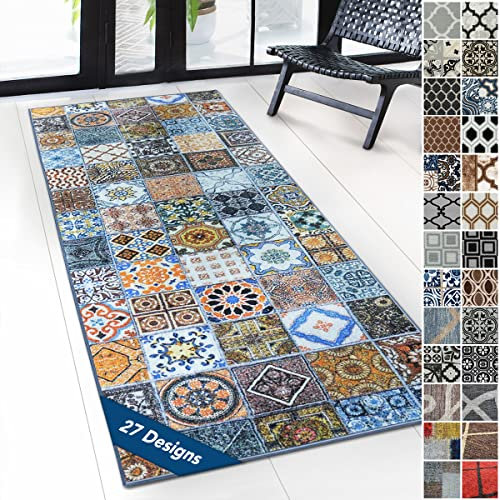 casa pura Tapis Carreau Ciment Tapis Multicolore - 100% Polyamide - Moelleux & Antidérapant - 18 Tailles - Bonita, 80x800cm