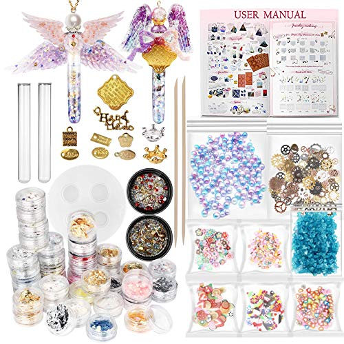 musykrafties Harz Kunst Magic Potion Rohr und Stopper Epoxy Shaker Silikonform Schmuck Casting Kit-Satz von 61 liefert Glitzer Konfetti Kristall Glas Perlen Blattgold Inlay Steampunk Charms