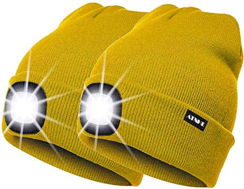 ATNKE 2Pcs Neue Warme LED beleuchtete Mütze,Unisex USB wiederaufladbare Laufmütze Ultra Bright 4 LED wasserdichte Lichtlampe Mehrfarbig/Gelb