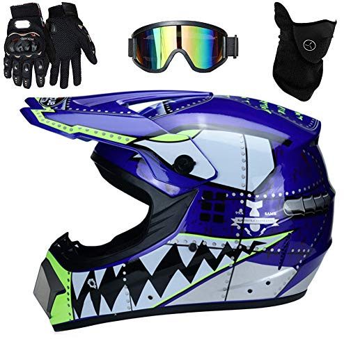 UIGJIOG 1.Motorrad Crosshelm Set Mit Brille Handschuhe Maske Korallenvlies Handtuch Motorrad Netz, Fullface MTB Helm Kinder Cross Helm,Unisex Fahrrad Enduro Downhill BMX Off Road ,Blau,M(54~55cm)