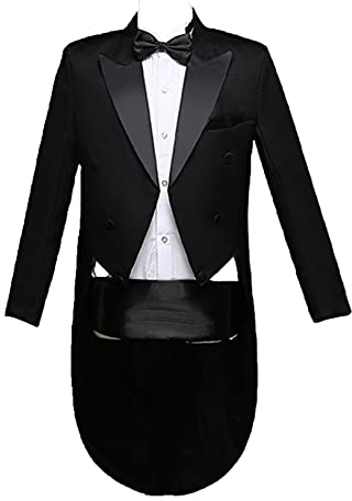 Freebily Herren Klassische Smoking Frack Anzug Set Herrenanzug Festlich Hochzeit Revers Jacke Hose Krawatte Gürtel Komplett 4 Stück Set Schwarz XL