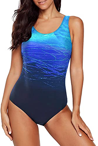 Aleumdr Ladies Fashion Gradient Color Block Printed Soft Cup Padded Plus Size Swimming Suits One Piece Swimwear Swimsuit for Women Blue XX-Large