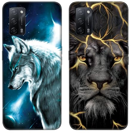 DiaryTown 2 Pack Hülle für Oppo A16 / A16S / A55 5G / A54 4G Liquid Silikon Handyhülle mit Motiv Schutzhülle Ultra Dünn TPU Bumper Rundumschutz Schwarz Case für Cover Oppo A16, Wolf & Goldener Löwe