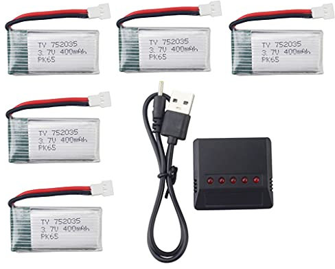 5PCS 3.7V 400mah Lithium Battery with 5-in-1 charger for Hubsan X4 H107C H107L Syma Q11 X11C H99W H31 HS170C F180C TOZO Q2020 E016H A120 V966 TR-C385 TR-F22 Quadcopter RC Drone 25C Discharge Battery