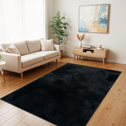 TT Home Wohnzimmer Teppich Hochflor Langflor Kunstfell Weich Modern Unifarben Flauschig, Farbe: Schwarz, Größe:140x200 cm