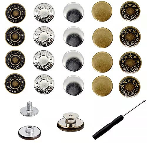 20 Set Jeans Button Replacement Kits, 17mm Instant Buttons for Loose Pants, No Sew, Adjustable Silver & Bronze