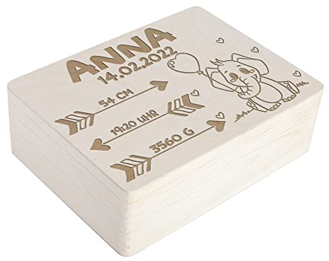 Waldwicht | Niedlicher Elefant mit Wunschname und Geburtsdaten | Erinnerungsbox zur Geburt - Personalisiertes Geschenk - Aufbewahrungsbox, Erinnerungskiste, Holzkiste, Geschenkbox | mit Deckel