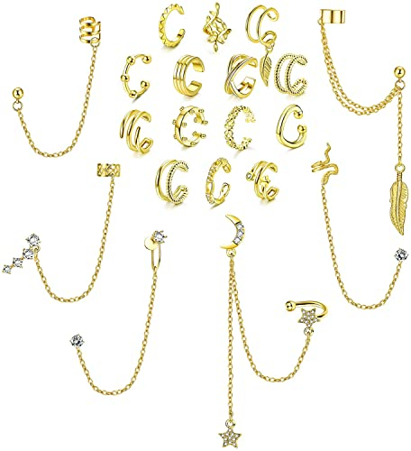MILACOLATO 20Pcs Ear Cuff Ohrringe Kette Ohrringe Helix Knorpel Clip On Wrap Ohrringe Verstellbare Manschetten Nicht Durchdringender Knorpel Einstellbare Ohr Cuffs Ohrklemme Dangle Set für Damen Gold