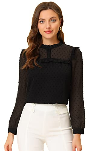Allegra K Women's Work Office Chiffon Top Elegant Long Sleeve Ruffled Swiss Dots Blouse Black 16