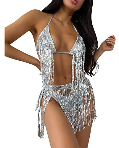 Rave Outfits für Damen Bikini Set Quasten Rock Metallic Badeanzug Holografische Pailletten BH Oberteil für Festival Disco Tanz Clubwear 90er Jahre Halloween Motto Party Kostüm Silber Quasten Set L
