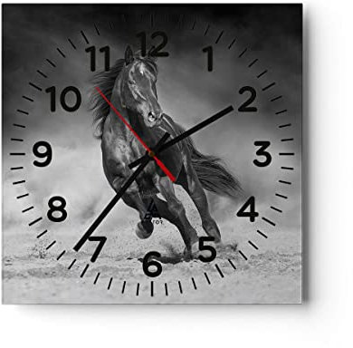 Modern Wanduhr Pferd Galopp dynamisch 40x40cm Quadrat Groß Wand Uhr Glas Analog Zimmeruhren Küche Büro Wohnzimmer Glasuhr Wall Clock Dekoration Design Wanddekoration Küchenuhr C4AC40x40-5023