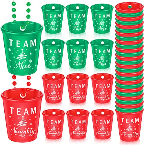 Yinkin 12 Pieces Christmas Shot Glass Necklace Plastic Shot Glasses Red Team Naughty Green Team Nice on Beaded Necklace for Christmas Holiday Party Decorations Supplies