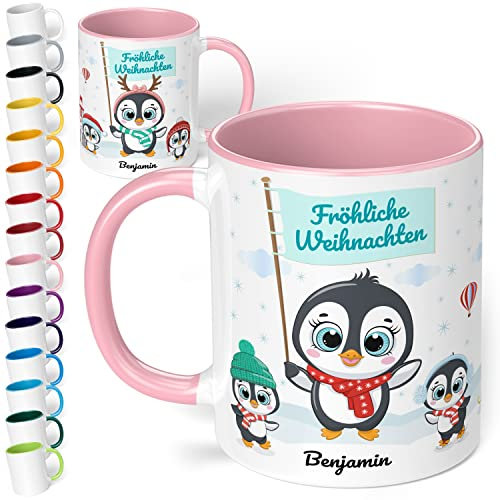 True Statements Weihnachtstasse mit Namen personalisiert „Fröhliche Weihnachten“ - mit Pinguin-Motiv - 330ml Keramik Kaffeebecher mit Spruch - Geschenk zu Weihnachten (Rosa)