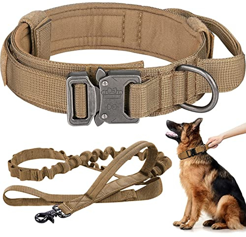 Taktisches Hundehalsband und Leine, verstellbar, Nylon, Militär-Hundehalsband mit Kontrollgriff, robuste Metallschnalle und Bungee-Leine für Hundetraining (XL, Khaki)