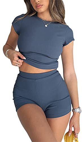 Geagodelia Zweiteiler Damen Elegant Hosenanzug Sommer Outfits Kleidung 2 Teiler Set T-Shirt Top + Shorts Y2k Aesthetic Clothes Workout Anzug Skims Dupes (A - Blau Ribbed, M)