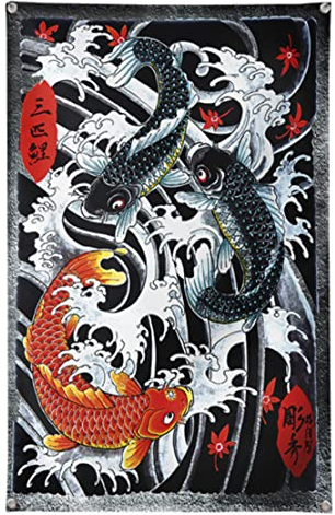 Großer 125x190CM Kohaku schwarzer & roter Koi-Karpfen Wandteppich Wandbehang Japanese Style | Japan ukiyo-e Manga Wandtuch Tuch Tapestry XXL | Wanddeko für Wohnzimmer Geschenk ästhetisch