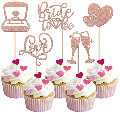 Rsstarxi 30 Pack Bride to Be Cupcake Toppers with Glitter Champagne Love Heart Ring Bridal Shower Cupcake Picks Wedding Engagement Bachelorette Party Cake Decorations Rose Gold