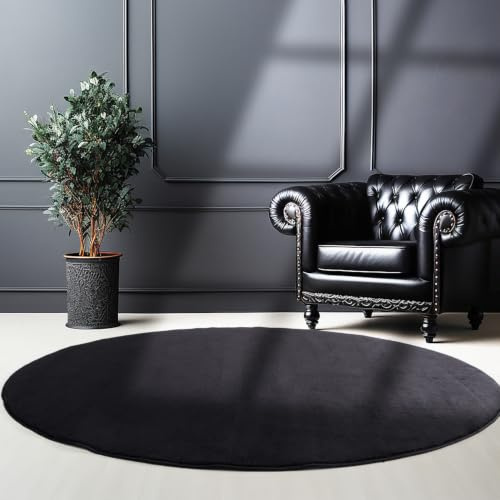 SIMPEX Waschbarer Teppich Rund 120 cm Schwarz Einfarbig Kurzflor Modern Weich rutschfest Pflegeleicht Maschinenwaschbar für Wohnzimmer Schlafzimmer Esszimmer