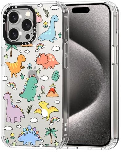 MOSNOVO Case for iPhone 15 Pro Max, [Buffertech 6.6ft Military-Grade Drop Protection] [Anti Peel Off Tech] Clear TPU Bumper Phone Case Cover Design - Dinosaur Land