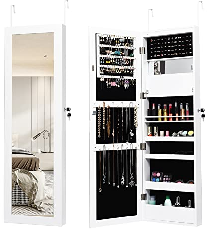 RELAX4LIFE Schmuckschrank mit Spiegels, Spiegelschrank mit Automatischen LEDs & Klappbarer Ablage, Schmuckorganizer für Ohrringe Armband Kette Kosmetik, Hängend&Abschließbar, Tür- & Wandmontage (Weiß)