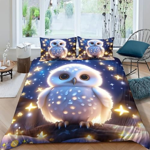 QLasic Eule Bettwäscheset Für Kinder Und Erwachsene Double（200x200cm）, 3D-Gedruckter Bettbezug Mit Kissenbezug Und Mit Mikrofaser-Bettbezug Mit Reißverschluss