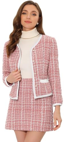 Allegra K Set completo da lavoro per donna, outfit da due pezzi per Natale, giacca da lavoro corta in tweed a quadri e set di gonne, rosa, M