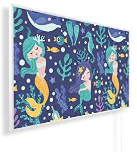 Könighaus Infrarotheizung – Kinderzimmer Edition – TÜV SÜD - 600 Watt + Könighaus Thermostat - Weißer Rahmen (Motiv: 07. Meerjungfrau)