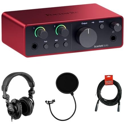 Focusrite Scarlett Solo USB-C Audio Interface (4th Gen) Bundle with Polsen HPC-A30 Studio Monitor Headphones, Pop Filter and XLR- XLR Cable