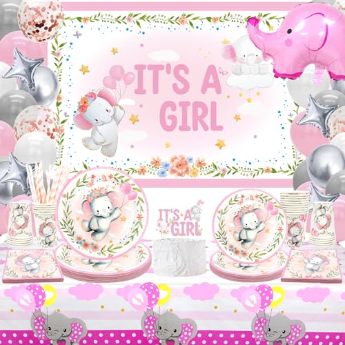 Elefant Partygeschirr Kindergeburtstag Deko für 20 Personen, It's a girl Kulisse, Teller, Rosa Ballon Bogen Kit, Servietten, Tassen, Tischdecken, für Baby Dusche Geburtstag Party Dekoratione