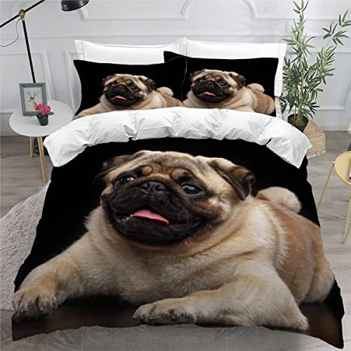 MEVASA Kinder Bettwäsche Mops Hund Tier Schwarz Bettwäsche 155x220 Mädchen Junge Hypoallergen Flauschige Bettwäsche Set 3 Stück Mikrofaser Kinder Bettbezug mit Reißverschluss