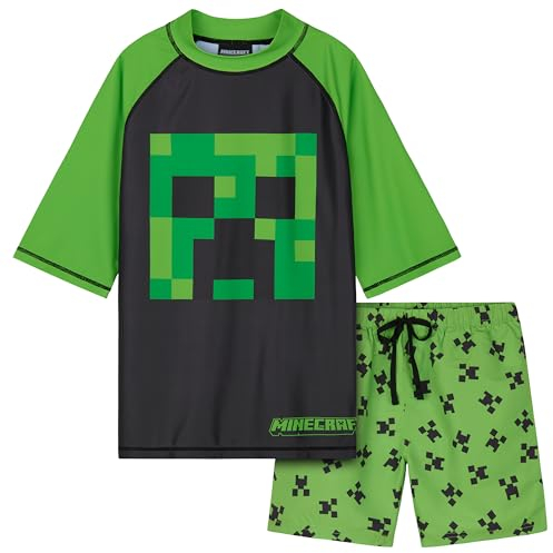 Minecraft Badeanzug Jungen, Zweiteiliger Schwimmanzug - Schwimmshirt & Badeshorts (5-6 Jahre, Grün/Schwarz)