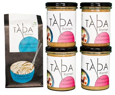 TADA Tonkotsu Ramen - 4x 350ml mild-cremige Ramen-Brühe, 250g Ramen Nudeln - Ohne Zusatzstoffe - Schnelle Zubereitung - Steffen Hensslers Favorit
