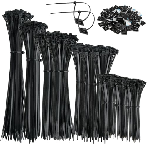Lot de 1000 colliers de serrage noir 100/150/200/250/300 mm et 20 bases adhésives - Lot de colliers de serrage résistants aux UV - Résistant à la chaleur - Plastique