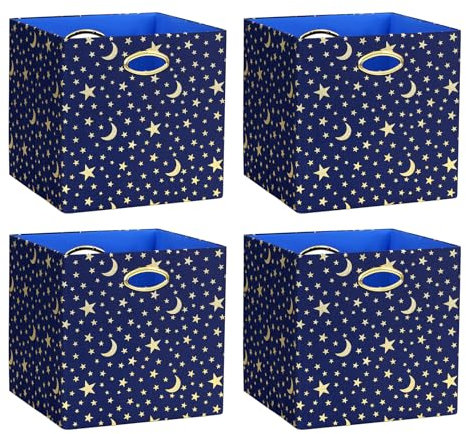 ArcaGuru Home-Storage Boxes, 4 Pack Navy Blue/Gold, Collapsible Linen Storage Cubes Organizer Bins for Shelves, Closet, Wardrobe, Bookshelf, Cabinet, 11x11x11 inches