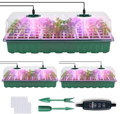AmoJLnks 6 Pack Seed Tray with Grow Lights,72 Cell Seedling Propagation Trays with Elevated Lids,Reusable Plastic Germination Starter Kit for Greenhouse and Garden (3 * 36 Seed Trays With Grow Light)