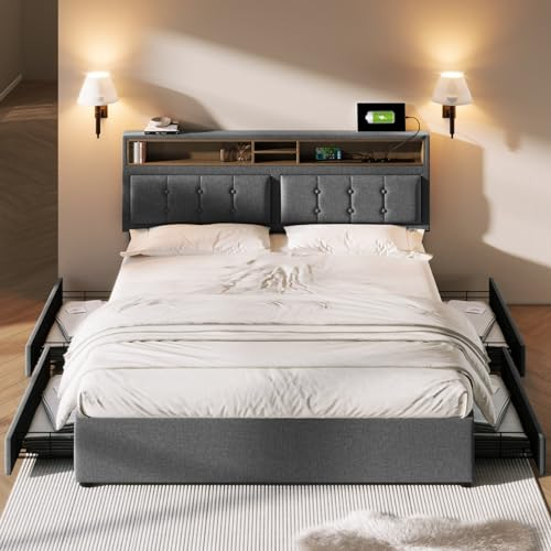 Skcess Polsterbett 140X200Cm Doppelbett Mit 4 Schubladen & USB C Steckdose, Höhenverstellbarem Kopfteil, Lattenrost Aus Holz(Ohne Matratze)