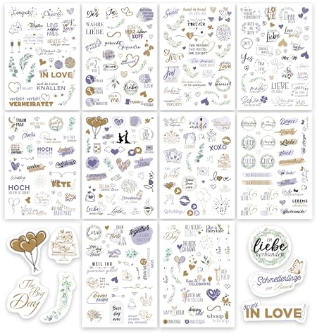colortouch Aufkleber Hochzeit Gästebuch (325 Motive), Sticker Hochzeit für Fotoalbum, 10 Blatt Hochzeitsaufkleber für Bullet Journal, Vintage Hochzeitssticker (Lavendel Sticker)