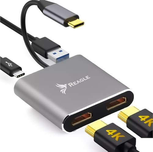 Reagle USB-C Hub Adapter - 2x 4K HDMI, 100W Power Delivery, USB 3.2 Gen 1, 5Gb/s, Aluminium Gehäuse, Kompatibel mit MacBook, Windows und Android Geräten, Erweiterter Desktop-Modus, Video Mirroring, Ko