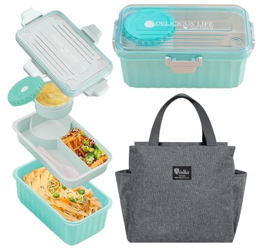 Haoh Bento Box Lunch Box 2000ml BPA-free Lunchbox pour Enfants/Adultes avec Bol de Soupe et Couverts et 3 Compartiments Bento Box Micro-Ondable pour Pique-Nique École Travail