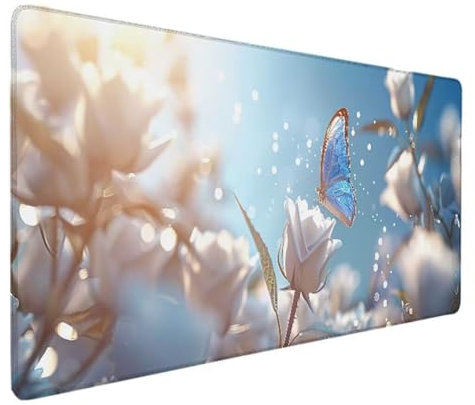 Weiß Mousepad XXL 1200x600 MM Schreibtischunterlage, Gaming Mauspad Schmetterling Mouse Pad Wasserdicht und Langlebig Mousepad Groß mit Vernähte Kanten für PC, Laptop, Gaming, Büro, Zuhause Deko 2-I