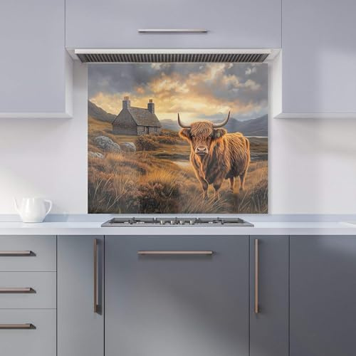 Premium Highland Cow And A Cottage Kitchen Splashback 6mm Toughened Glass Kitchen Splashback – Heat Resistant Splashback for Kitchens, Perfect for Cookers and Hobs, Polished Edges