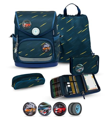 Belmil Premium Compact Plus ergonomisches Schulranzen Set 5 - teilig, AGR, Brustgurt, Hüftgurt, Magnetverschluss (405-41/P/S) (Orion Blue 2)