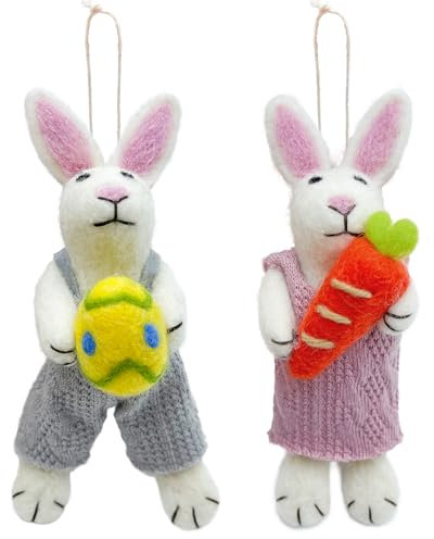Bseical 2 StüCk Osterhasen Deko, Osterdeko, Osterhase Deko Aus Filz, Ostern Dekoration, 15cm Hasen PäRchen, Osterhasen Mit Karotte Und Osterei, Grau/Rosa