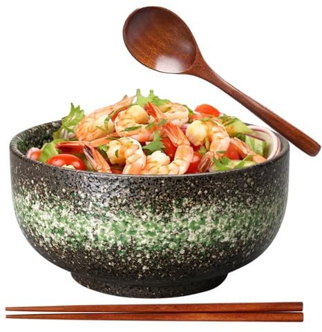 Cuenco de cerámica japonesa con cuchara, palillos - Ensaladera de sopa de porcelana