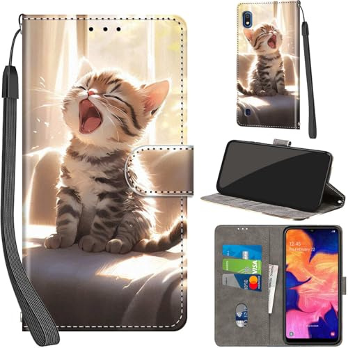 Handyhülle für Samsung Galaxy A10 Klapphülle Leder Wallet Katze | 3 Kartenfächer & 1 Geldfach, Magnetverschluss, Ständerfunktion, robuste premium PU leder klapphülle für Samsung A10