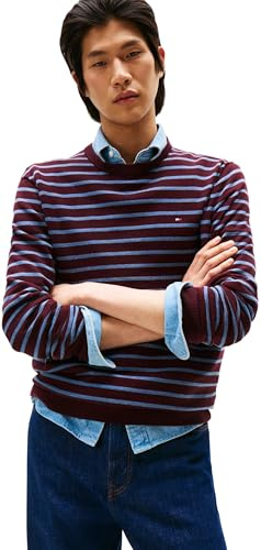 Tommy Hilfiger Men’s Essential Cotton Round Neck Jumper, Multicolor (Deep Burgundy/Petrol Blue HTR), XL